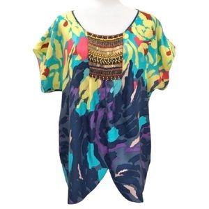 ⭐️Tibi⭐️Silk Printed Blouse Tunic Top Shirt Women's M Sequins Beads Embellished